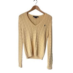 Ralph Lauren Sport Yellow Cable-Knit Cotton V-Neck Sweater